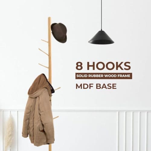 Solid Wood Coat Rack with 8 Hooks, 3 Height Adjustments, Natural Finish (Perchero)