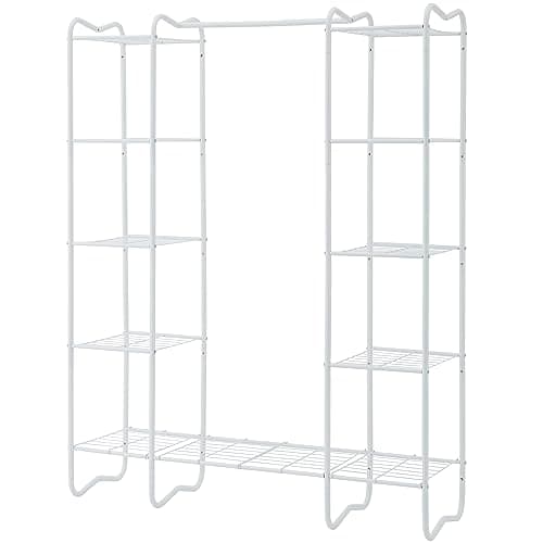Simple Wardrobe Closet with 8 Metal Shelves and Hanging Rod, Portable Clothing Rack for Home Organization