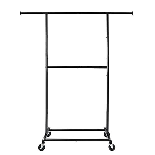 White Metal Double Rod Clothing Rack with Lockable Wheels, Portable Freestanding Organizer