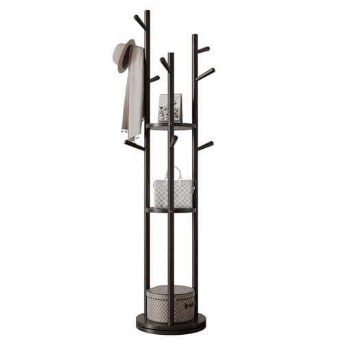 Walnut Solid Wood Coat Rack with 3 Shelves & 9 Hooks for Bedroom, Entryway & Livingroom