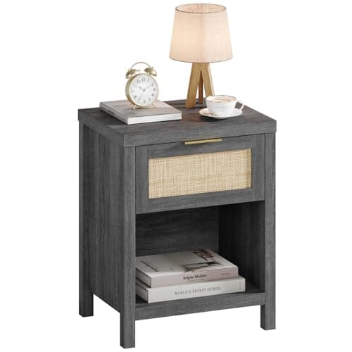 Caramel Oak Boho Rattan Nightstand Set with Drawer & Storage Shelf