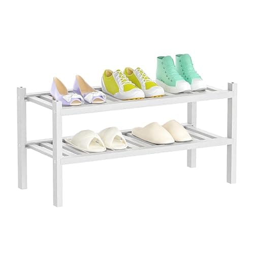 Bamboo 2-Tier Shoe Organizer - White, Free-Standing Closet Storage