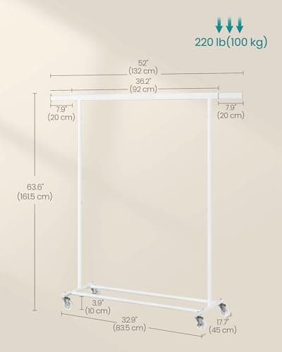 SONGMICS Portable Heavy-Duty Clothing Rack with Extendable Rail, 220 lb Load Capacity, White