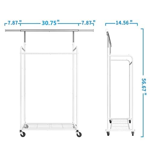 Extendable Rolling Clothing Organizer with Hooks and Shelves, White