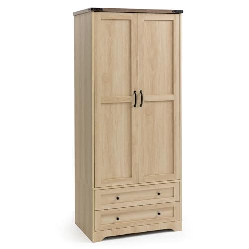 Yechen 71" Natural Wooden Storage Armoire with Adjustable Shelves & Hanging Rail