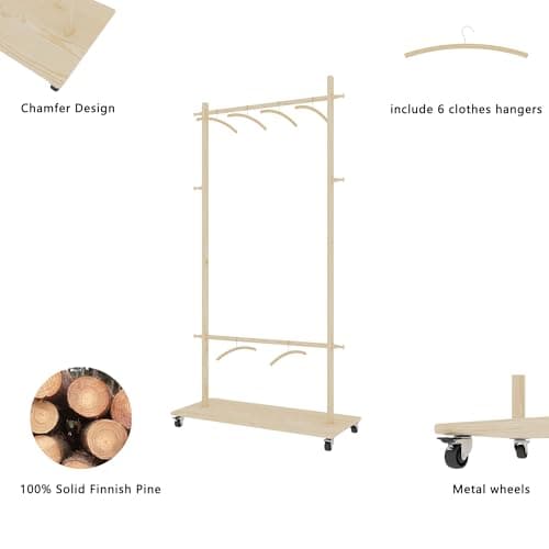 Freestanding Wood Coat Rack with 2 Stems and Pulley, for Hanging Coats and Clothes