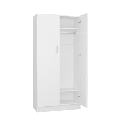 Panana 2 Door Wood Wardrobe with Hanging Rail & Shelves, White Bedroom Armoire