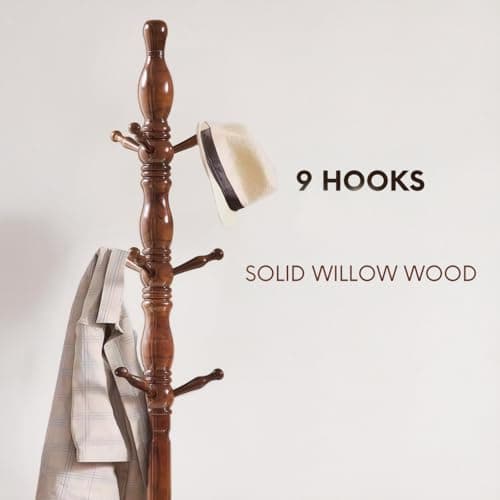 Walnut Freestanding Hall Tree with 3 Heights & 9 Hooks for Home Office