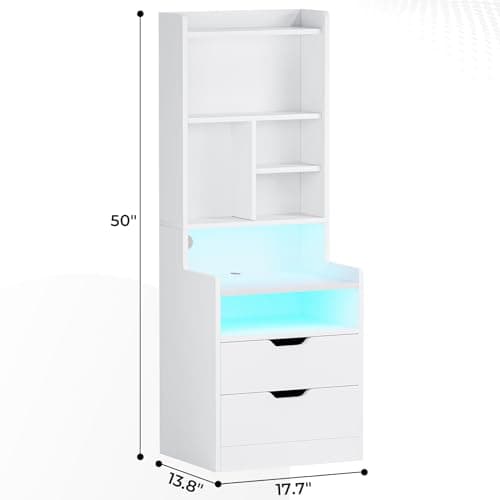 ADORNEVE Tall Night Stand with Charging Station & LED Lights, White with Bookshelf & Drawers
