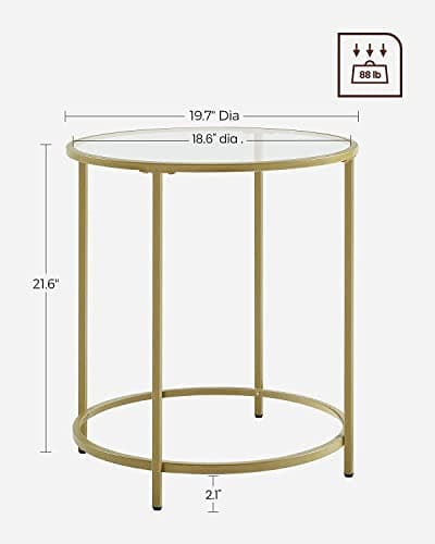 VASAGLE Gold Round Side Table Set, Glass Top Metal Frame, Modern Living Room Furniture
