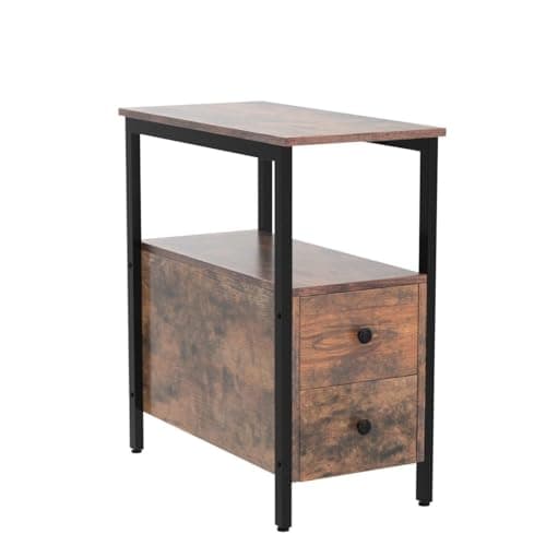 HOOBRO Narrow End Table Set, Drawers for Small Spaces, Rustic Brown & Black BF54BG201G2