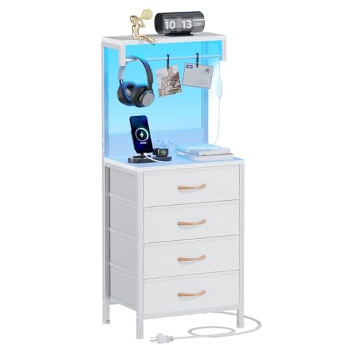 Furnulem Black Oak Tall Nightstand with Charging & LED Lights