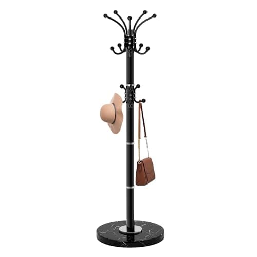 Sturdy Modern Metal Coat Rack Stand with 12 Hooks & Natural Marble Base