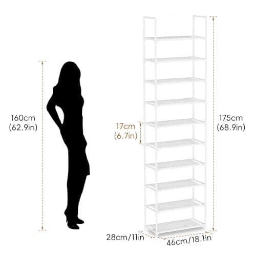 Barsone 10-Tier Shoe Organizer, Space-saving White Stand for Closets and Hallways