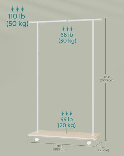 SONGMICS 38.8-Inch Metal Clothing Rack with Shelf, Up to 110 lbs, Natural Beige & Cloud White
