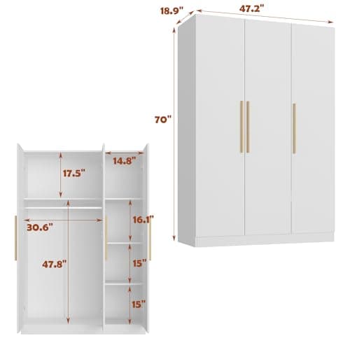MOUMON White Armoire Wardrobe 3 Doors Cube Shelves 18.9" D x 47.2" W x 70" H
