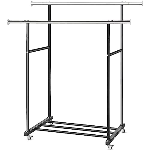 Heavy Duty Double Clothing Rack with Wheels, Black, 130LB Capacity