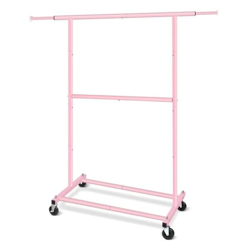 White Metal Double Rod Clothing Rack with Lockable Wheels, Portable Freestanding Organizer