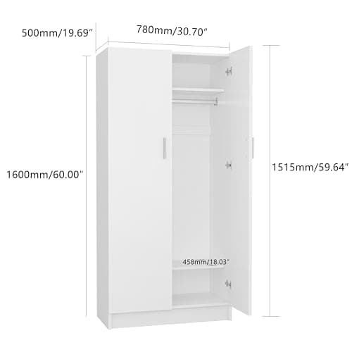 Panana 2 Door Wood Wardrobe with Hanging Rail & Shelves, White Bedroom Armoire