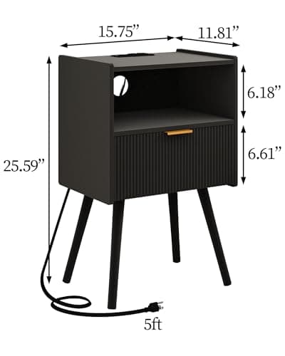 Black Modern Nightstand with Outlet and Storage, Solid Wood Legs, Easy Assembly