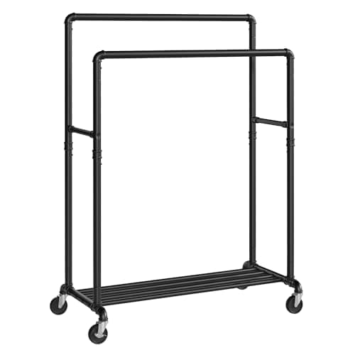 SONGMICS Heavy-Duty Double-Rod Clothes Rack with Casters, Black UHSR60B