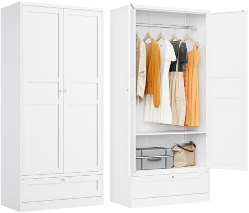 White Metal Armoire Wardrobe with Drawer & Rod, Adjustable Shelves