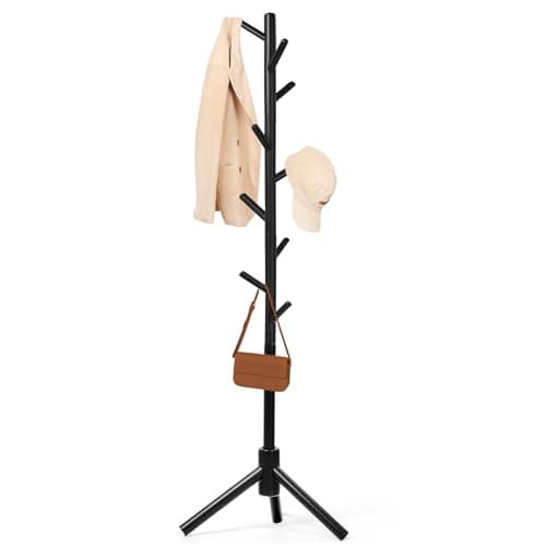 3 Height Adjustable Solid Wood Coat Rack with 9 Hooks (White)