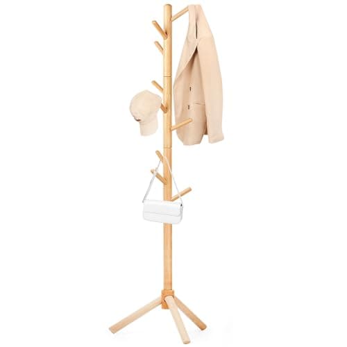 3 Height Adjustable Solid Wood Coat Rack with 9 Hooks (White)