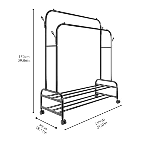 Sturdy Metal Double Rodding Clothes Rack with Wheels & Shelves, Black