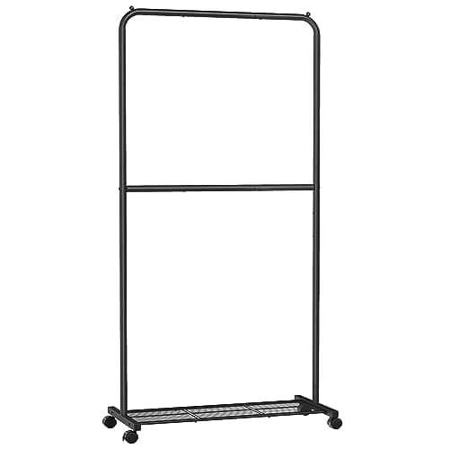 SONGMICS 25.4 mm Metal Coated Clothes Rack with Dense Mesh Shelf, 110 lb Capacity, 2 Brakes, Black
