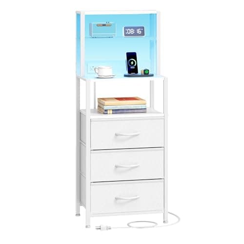 Furnulem Tall Nightstand with 4-Tier Shelves & 2 Drawers, Black Oak Charging Bedside Table