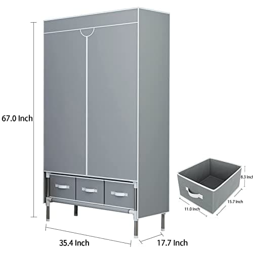 Portable Rolling Closet with Hanging Rack & 3 Drawers - Gray