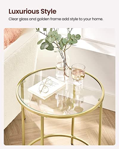 VASAGLE Gold Round Side Table Set, Glass Top Metal Frame, Modern Living Room Furniture