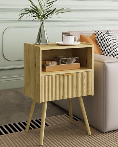 Yellow Oak Modern Nightstand with Storage Drawer & Wood Shelf