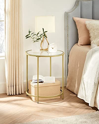 VASAGLE Gold Round Side Table Set, Glass Top Metal Frame, Modern Living Room Furniture
