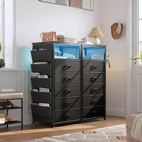 EnHomee Black Nightstand with Charging Station & 5 Drawer Dresser