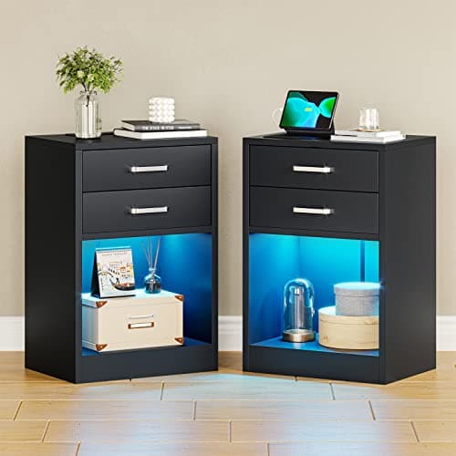 ADORNEVE Black Nightstands Set of 2 with Charging and LED Lights