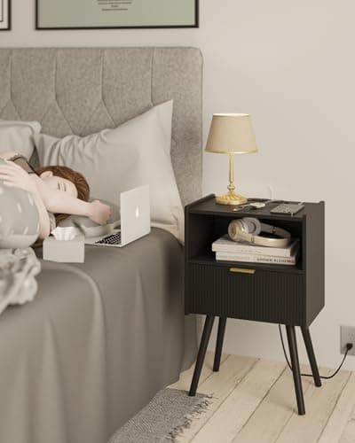 Black Modern Nightstand with Outlet and Storage, Solid Wood Legs, Easy Assembly