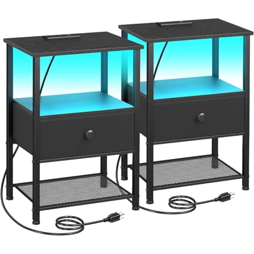 HETS01BK LED Nightstand with Charging Station & Fabric Drawer
