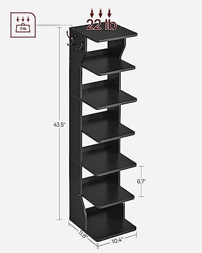VASAGLE Narrow 7-Tier Shoe Rack with Hooks, Slim Corner Storage, Black ULBS200T16