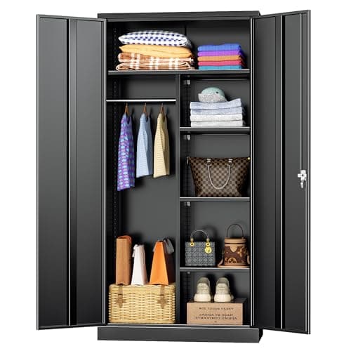 Intergreat Lockable Metal Storage Cabinet, Black Wardrobe with Adjustable Shelves