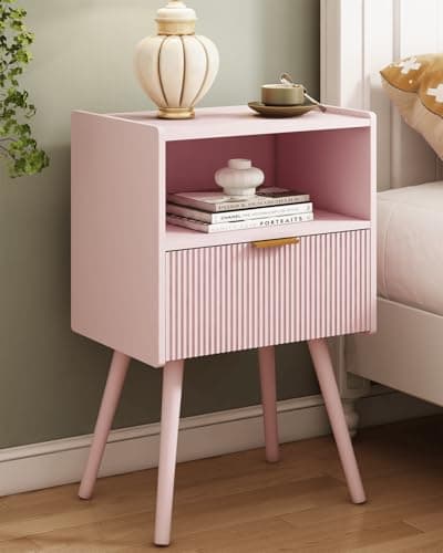 Black Modern Nightstand with Outlet and Storage, Solid Wood Legs, Easy Assembly