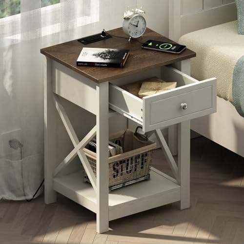 Treocho Farmhouse End Table Set of 2 with Charging Station