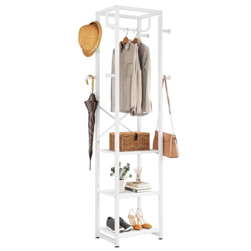 IBUYKE White Freestanding Coat Rack with 3 Shelves and 8 Hooks UTMJ088W