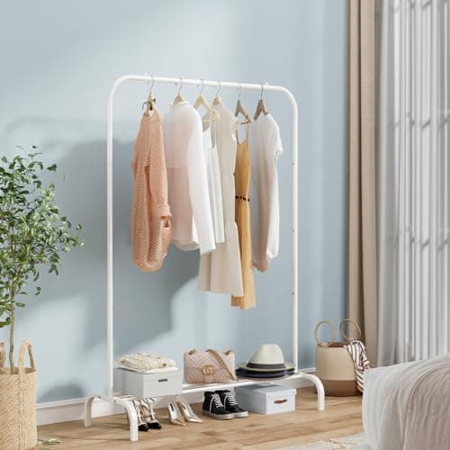 Heavy Duty Portable Clothes Hanging Garment Rack with Metal Shelf, Black (White)