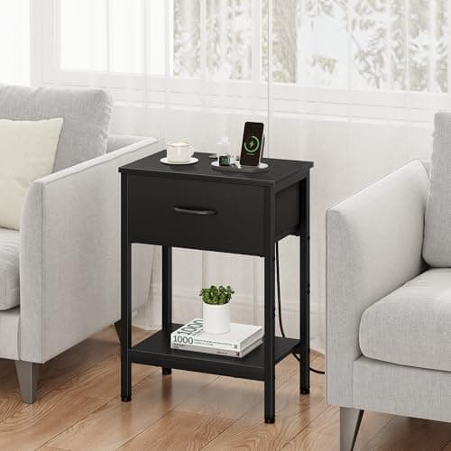 Vagusicc Charging Nightstand Set, Black, 25.4" Tall, Bedside Table with Storage