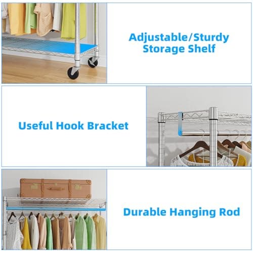 Heavy Duty 3-Adjustable Wire Shelving Clothes Rack, 50in Freestanding, Max 450 LBSChrome
