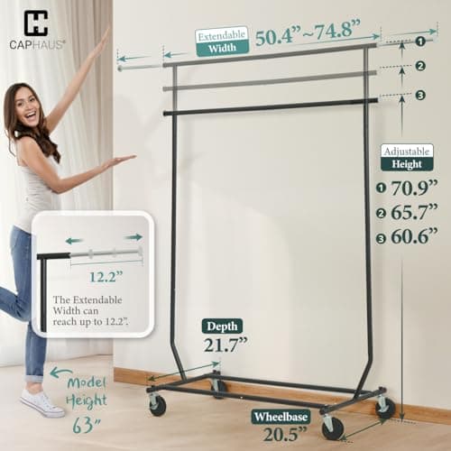 CAPHAUS Rolling 220LBS Capacity Clothing Rack, Adjustable & Extendable Black