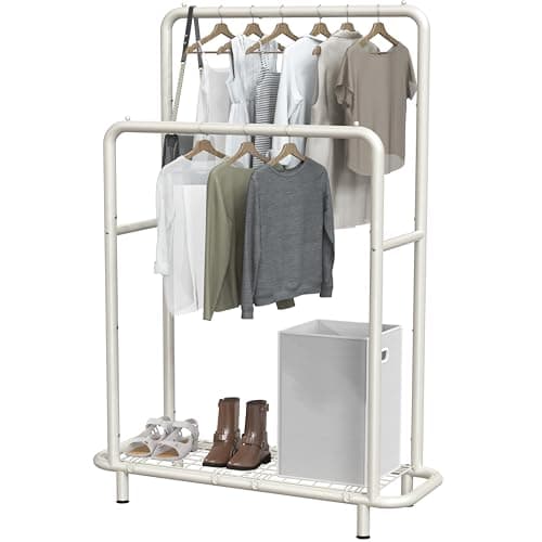Industrial White Clothing Rack with Bottom Shelves