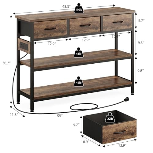 Lulive Adjustable Entryway Table with Power Outlets & 3 Drawers (Rustic Brown, 43")